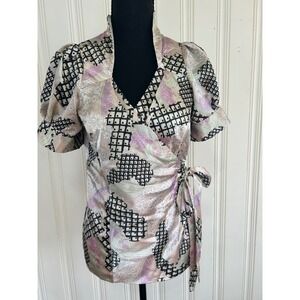 BCBG MAXAZRIA Women S Pink Floral Y2K Satin Wrap Blouse Puff Sleeve Retro Mod